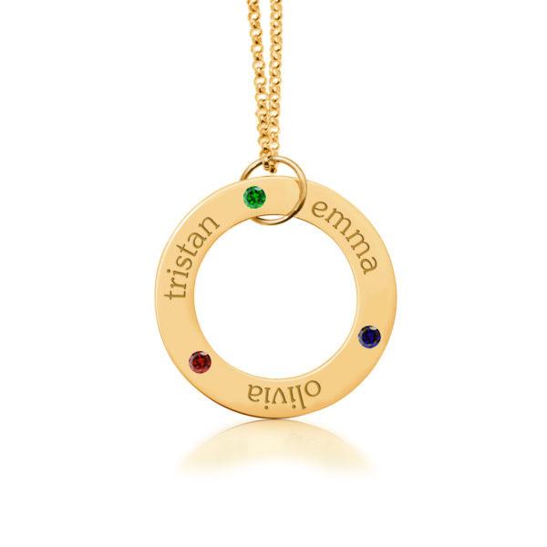 Gold Circle Pendant Necklace - 3 Names With Birthstones