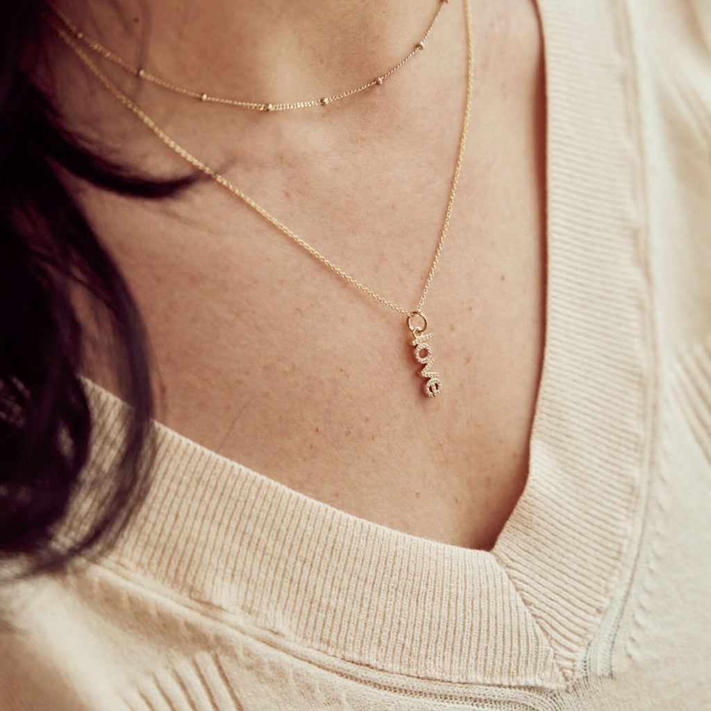 14k Gold Pavé Diamond Vertical Love Necklace