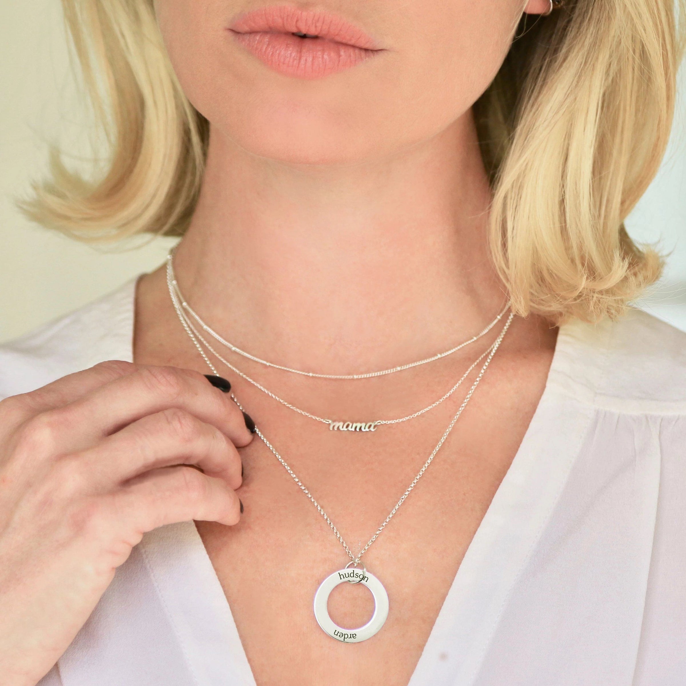 Silver circle necklace with names on sale