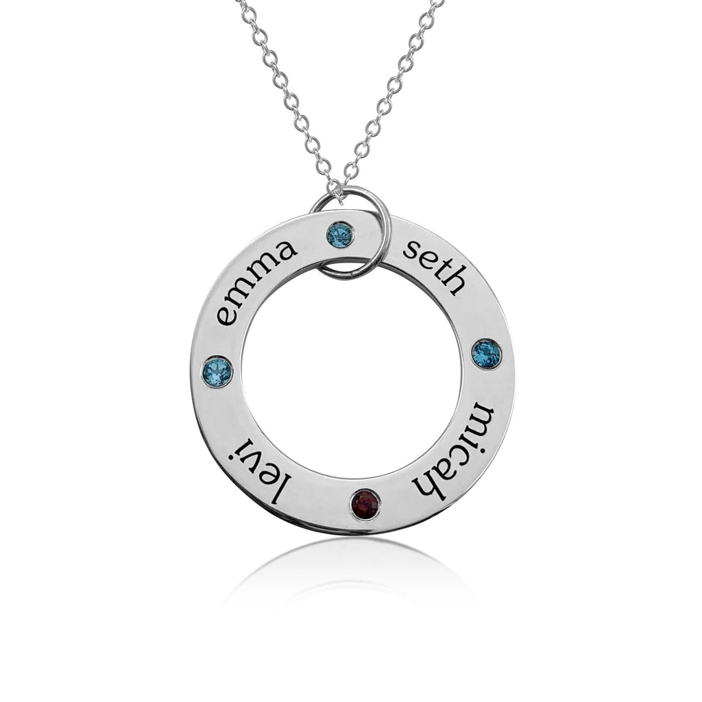 Sterling Silver Circle Pendant Necklace - 4 Names With Birthstones