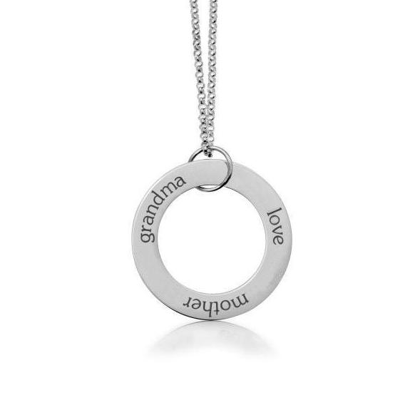 Sterling Silver Circle Pendant Necklace - Grandma, Mother, Love