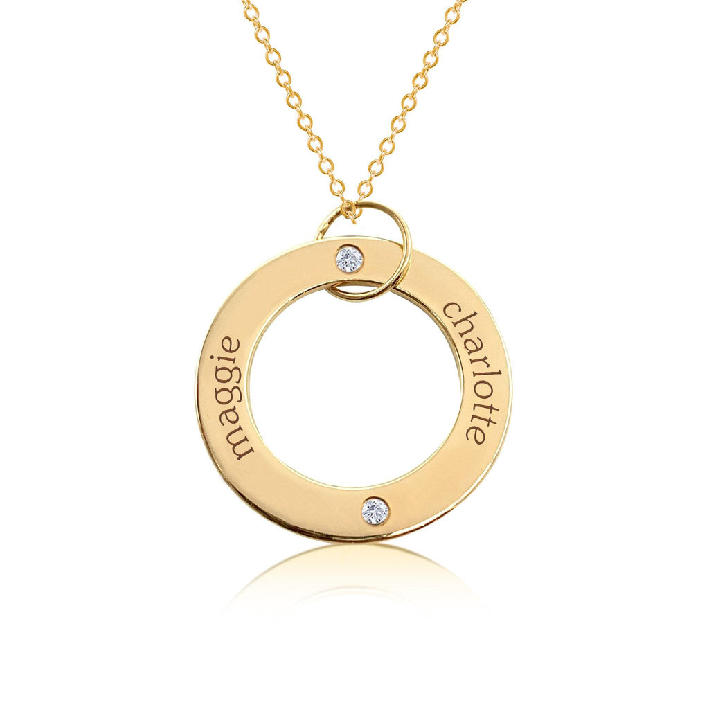 Gold Circle Pendant Necklace - 2 Names With Birthstones