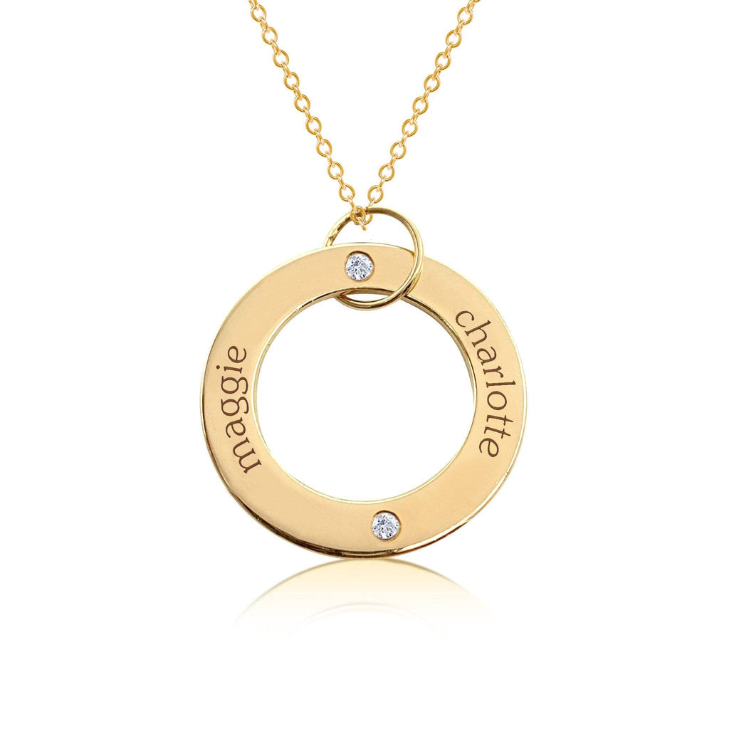 14k Gold Circle Pendant Necklace - 2 Names With Birthstones