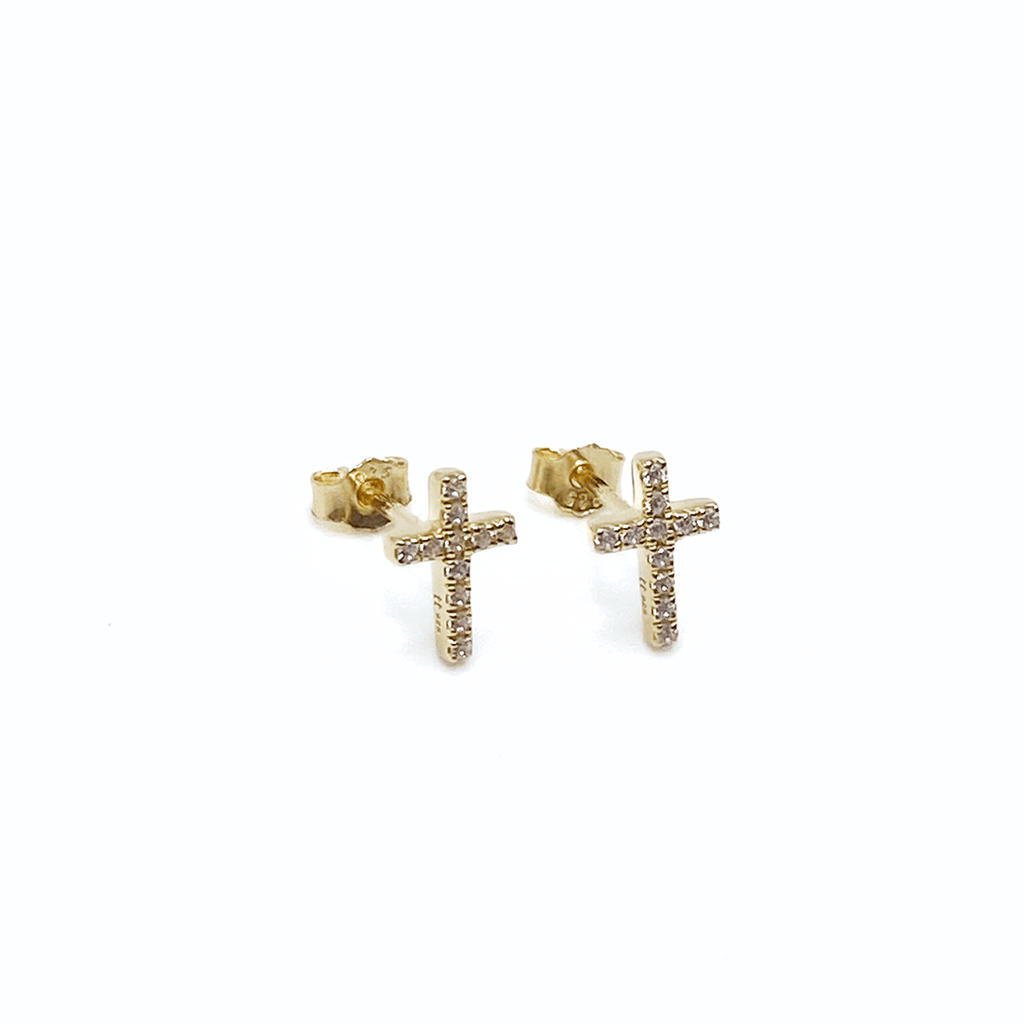 14k Gold Pav Diamond Cross Stud Earrings Tiny Tags