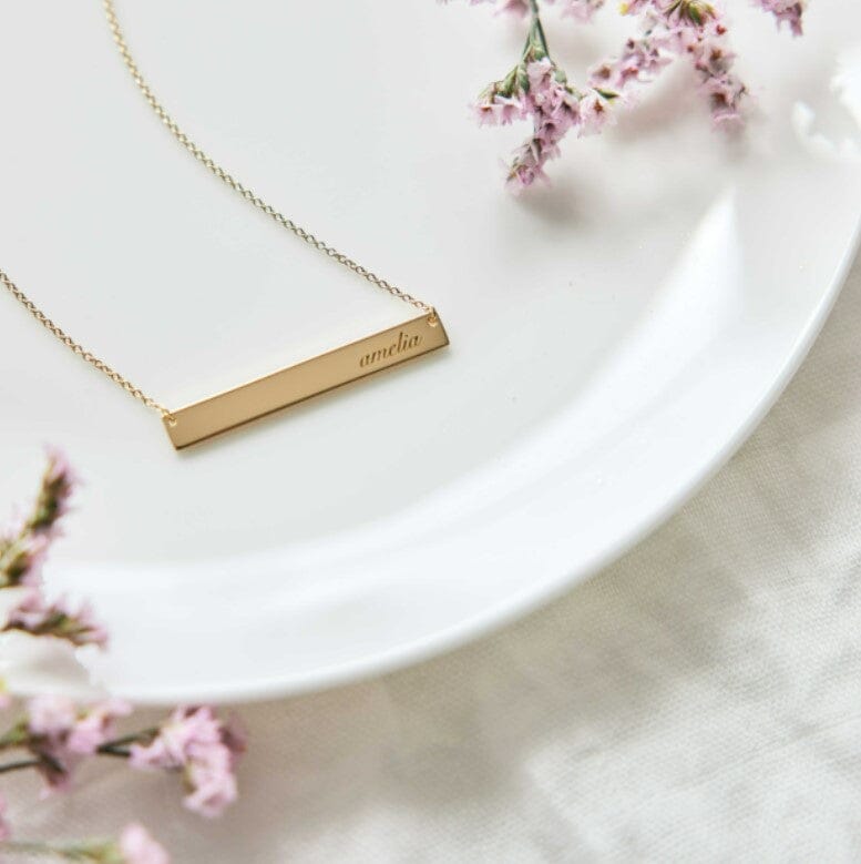 14K Yellow Gold Engraved Bar Necklace