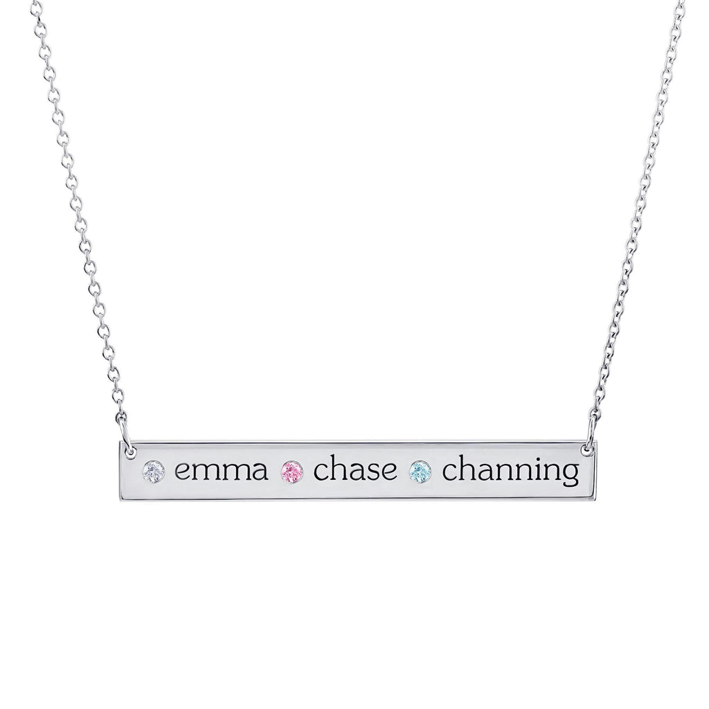 Sterling Silver Skinny Bar Birthstone Necklace - 3 Names & 3 Stones