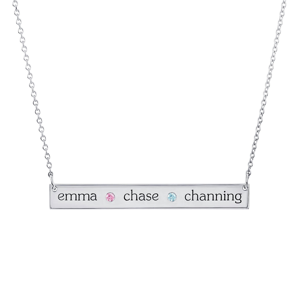 Sterling Silver Skinny Bar Birthstone Necklace - 3 Names & 2 Stones